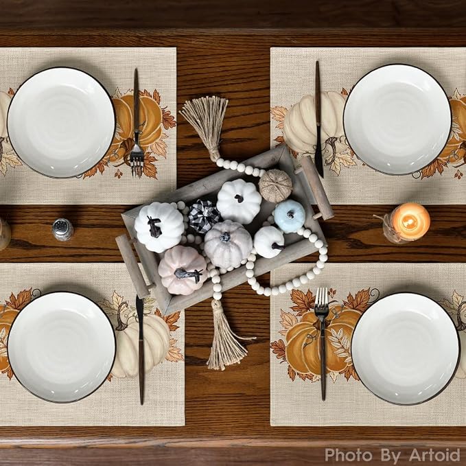Artoid Mode Orange Pumpkin Leaves Fall Placemats Set of 4-12 x 18 Inch | Heat-Resistant Table Mats, Washable Seasonal Autumn Kitchen Dining Decor