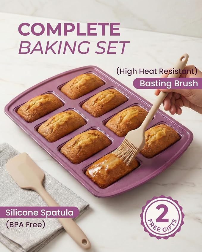 CARTMAN 2-Pack 8-Cavity Mini Loaf Pans, Carbon Steel Bread Pan Set, Purple | Includes spatula & brush, 0.6mm carbon steel, nonstick release, for banana bread, mini meatloaf, ideal for keto & meal prep