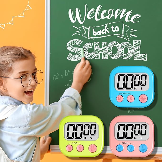 ZILLEEN Digital Kitchen Classroom Timers for Kids Cooking 12pcs Blu Grn Pk | Strong Magnetic, Large Screen, Big Button, Count Up/Down, Loud Alarm, Teacher Classroom Must Haves Supplies