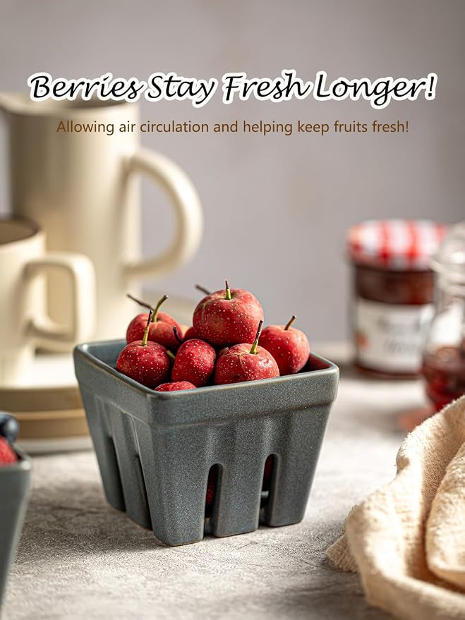 Gomakren Berry Bowl Set of 2, Ceramic Berry Basket, Square Fruit Bowls with Holes, Fruit Storage Containers for Kitchen Fridge, Cute Strawberry Basket for Berries, Grape, Cherry, Slate Blue