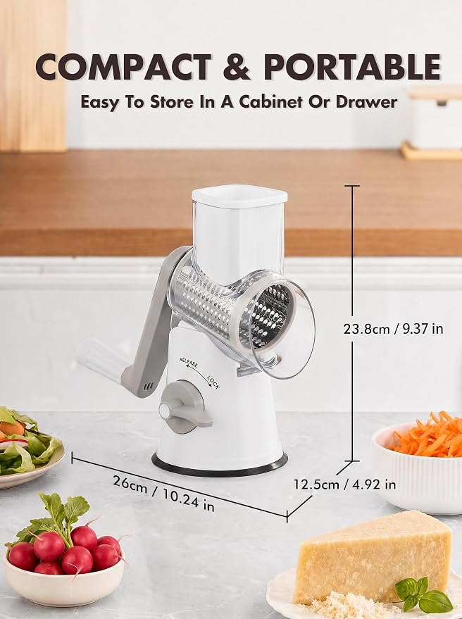 GDL Cheese Grater Hand Crank, Rotary Cheese shredder, Vegetable Slicer | 5 Stainless Steel Blades, 12x Fast Cutting, Non-slip Suction Base, No BPA, Dishwasher Safe, Easy Use for Cheese, Veggies, Nut