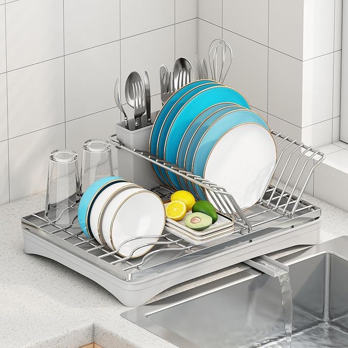 ANTOPY 304 Stainless Steel Dish Drying Rack for Kitchen Counter, Gray | Rustproof Dish Drainer with Removable Cutlery Holder, Self-Draining Drainboard, Compact Kitchen Drying Rack, 16.5''Lx11.8''W