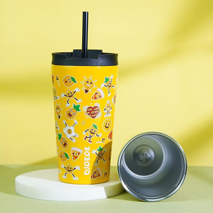 BJPKPK 18 oz Coffee Tumbler with Straw, Insulated Stainless Steel Cup | Double Wall Vacuum, Leak Proof, Keeps Hot/Cold, BPA Free, Cupholder Friendly, Travel, Hawaii Fruits-Yellow