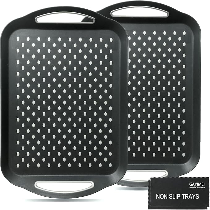Large Anti-Slip Serving Tray with Handles, 17.8" x 12.5", Black | Dual Rubber Grippy Lap Food Trays for Eating, Dinning, Breakfast, on Couch/TV, Set of 2