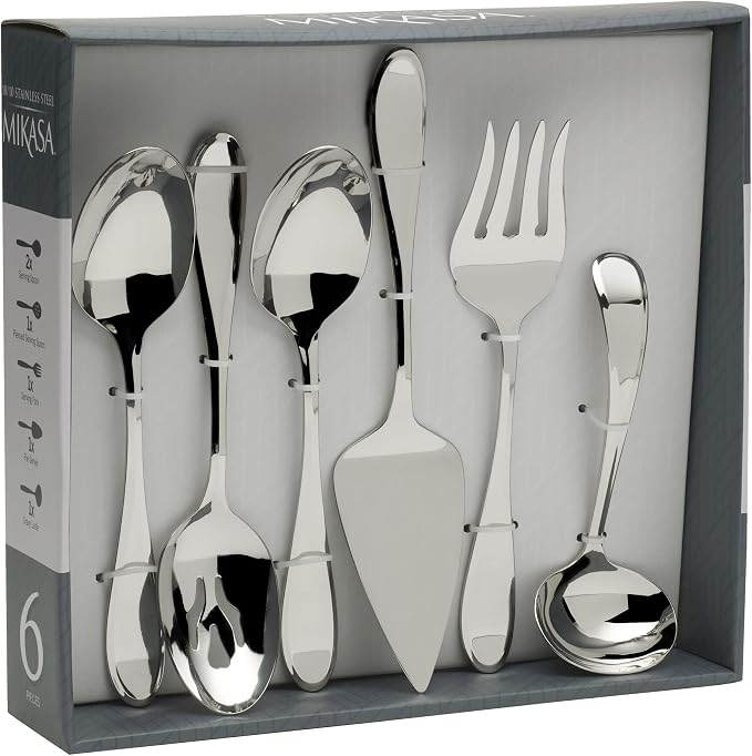 Mikasa Bravo 18/10 Stainless Steel 6-Piece Serving Set - Serving Spoons, Fork, Pie Server, Gravy Ladle - Polished Silverware Flatware Serveware