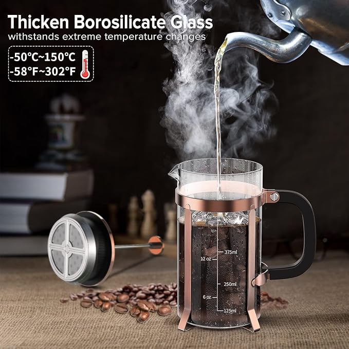 QUQIYSO French Press Coffee Maker 21oz,Borosilicate Glass Coffee Press | Thickened Glass Stainless Steel Coffee French Press,Easy to Clean,4 Filter Suitable for Kitchen Party Camping Gifts (Copper)