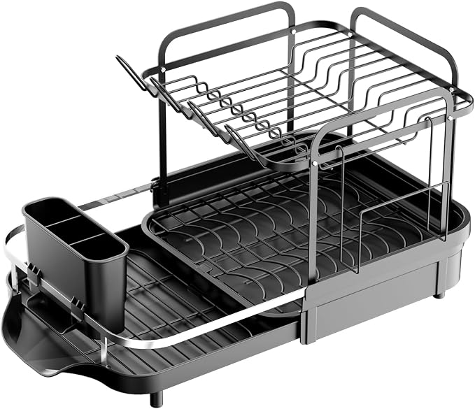 Expandable Stainless Steel 2-Tier Large Capacity Dish Drying Rack, Auto Drain Kitchen Counter Drainer with Rotatable Multi-Slot, Drainboard, Utensil, Cup Cutting Board Holder, 15"-22.4" Adjustable