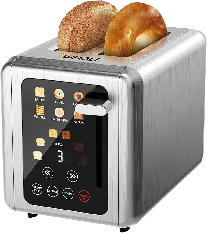 WHALL Touch Screen Toaster 2 Slice,Smart Digital Toaster with 1.5" Wide Slots,6 Shade Settings & 6 Bread Types,Memory Function,Countdown Timer,Brushed Stainless,Ideal Kitchen Gift & Essential