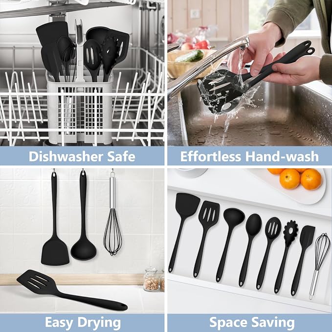 TeamFar Silicone Cooking Utensils Set, 8 PCS Kitchen Utensils Set, Black | 446°F Heat Resistant Turner, Spatula, Spoon, Whisk, Kitchen Cooking Gadgets Tools, for Nonstick Cookware, Dishwasher Safe