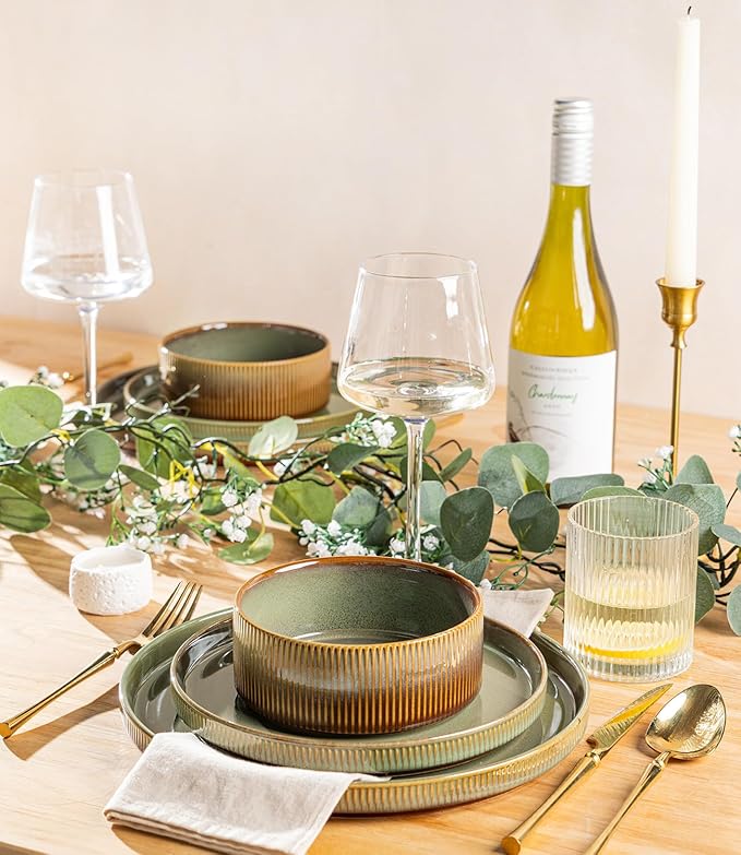 Ceramic Dinnerware Set for 4, 12-Piece Plates and Bowls Set | Lightweight Porcelain Dish Set, Scratch Resistant, Oven & Microwave & Dishwasher Safe, Sage Umber