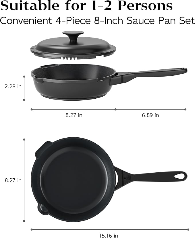 FDN 8" Ceramic Non Stick Frying Pans With Lid, Titanium Pans for Cooking, Non-Toxic PFAS-Free, Induction & Oven-Safe Cookware, Black For Daily Cooking