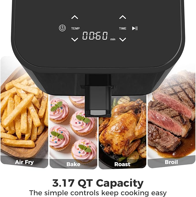 Compact Digital Air Fryer 3 Qt, Small Airfryer with Nonstick Plate, Dishwasher Safe Basket, Auto Shutoff, Simple Touchscreen, Quick Meals for Small Spaces