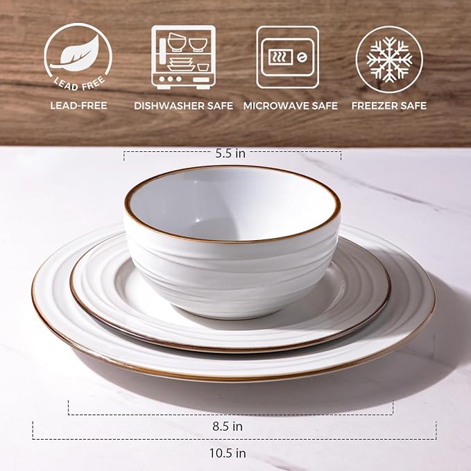 GBHOME Ceramic Dinnerware Sets of 6,18 pcs Plates and Bowls Sets Dishes | Embossed Elegant Stoneware Dishes Set | Dishwasher & Microwave Safe | Service for 4