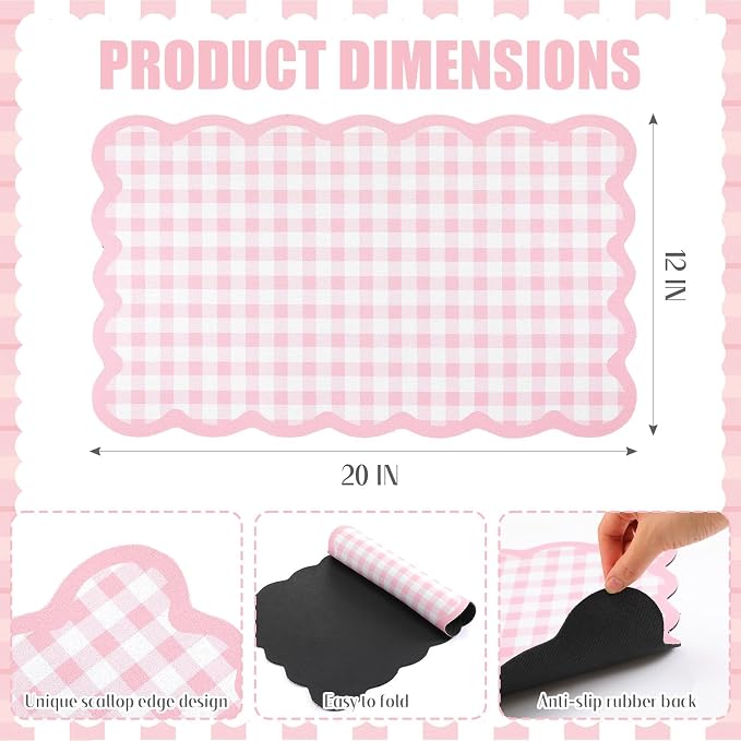 Pink Scalloped Gingham Coffee Mat 12" x 20" Absorbent Bar Mat | Gingham Espresso Matt with Non Slip Rubber Backing for Coffee Countertops