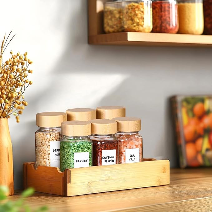 ComSaf Glass Spice Jars with with Labels 4 oz 6 Pack Small Bamboo Lids | Empty Containers, Seasoning Herb Powder, Salt Pepper Chili, Spice Rack Organization, Kitchen Cabinet Storage, Funnel Included