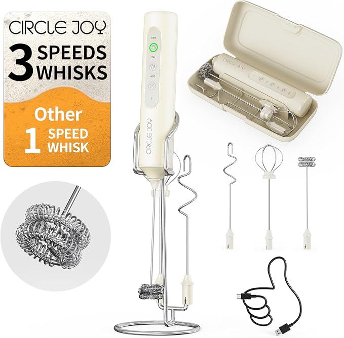 CIRCLE JOY Rechargeable Handheld Milk Frother Wand with Stand, 3 Variable Speeds, 3 Whisks and Storage Box, Electric Drink Mixer for Latte, Cappuccino, Hot Chocolate, Eggs and Protein Powder, Beige