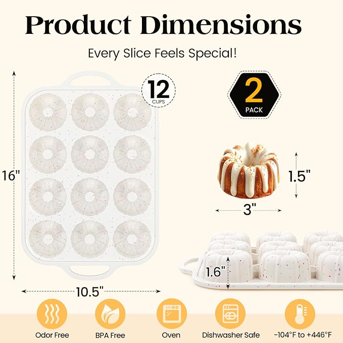 Vinino 3 Inch Silicone Mini Fluted Tube Cake Pans, 2 Pack with Metal Frame | 12-Cavity Mini Cake Mold Set for Batch Baking, Perfect for Flan, Donuts, Muffins, Brownies & Desserts