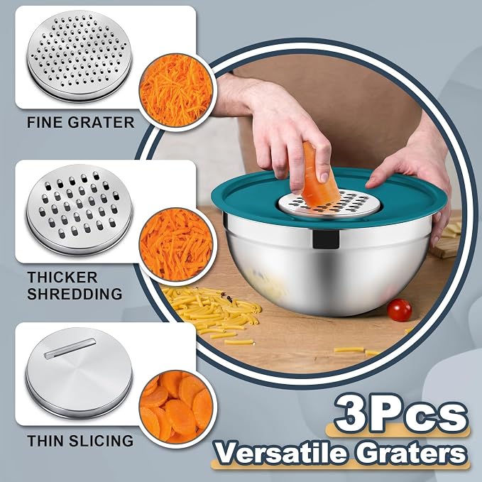 P&P CHEF Mixing Bowls with Lids Set of 6, Nesting Salad Bowl, Blue | Stainless Steel Bowl & 3 Grater Attachments & Plastic Lid, For Prepping Baking Storing, Sizes with 4.6/2.6/2/1.5/1/0.7 QT