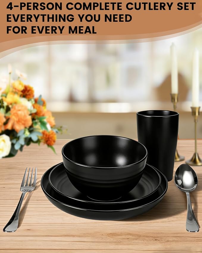 24 Piece Plates and Bowls Sets for 4- Unbreakable Wheat Straw Dinnerware Sets Includes Stainless Steel Forks for Picnic Camping Outdoor Kitchen and Apartment Dinning RV Essentials-Black