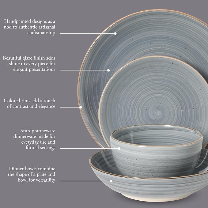 Gibson Home Stonebury 16 Piece Plates and Bowls Blue Dishes - Handpainted Stoneware Dinnerware Set - Service for 4