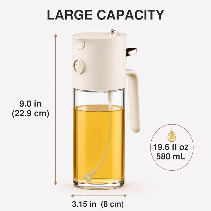 19.6Oz Olive Oil Sprayer for Cooking, 2-in-1 Pour & Spray Bottle | Glass oil dispenser bottle with separate mist nozzle and pour spout; oil spray bottle for air fryer, salad, baking and BBQ