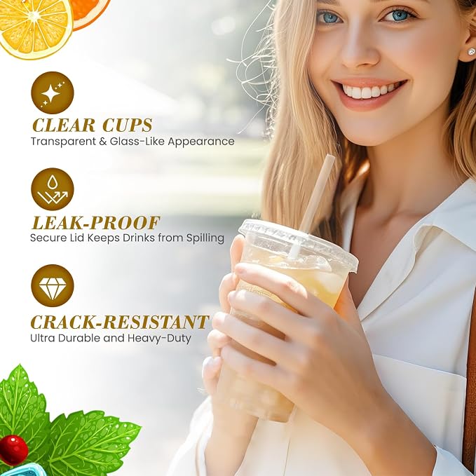 Ginkgo 100-Pack 20oz Clear Plastic Cups with Lids and Straws | Leak-Proof & Sturdy Iced Coffee Cups with Lids, Disposable To Go Cups for Smoothies, Cold Beverages
