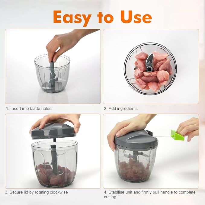 Ibergrif Manual Food Processor Vegetable Chopper, Portable Onion Chopper Garlic Mincer with Hand Pull String Cutter for for Veggies, Ginger, Egg, Fruits, Nuts, Herbs, 900ml, for Kitchen, Camping, RV
