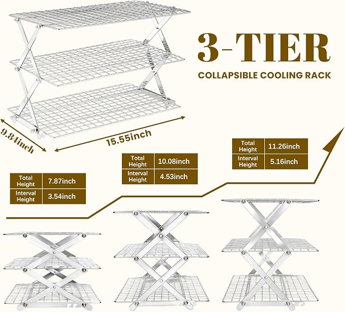 BEWOS 3-Tier Collapsible Cooling Rack - Adjustable Stainless Steel Baking Rack with X-Shaped Design and Leak-Proof Mesh Surface, Mirror Polished & Dishwasher Safe Cooling Rack
