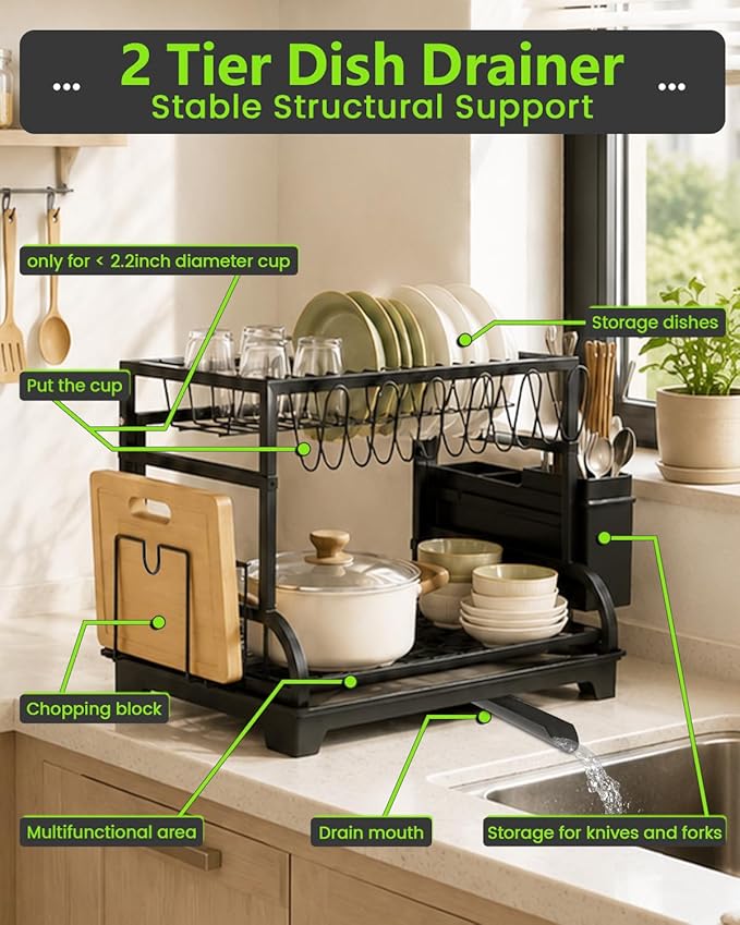 2-Tier Foldable Dish Drying Rack with Drainboard, Stainless Steel Large Capacity Kitchen Counter Organizer with Cup Holder, Utensil & Cutting Board Storage, No Assembly Required, Black