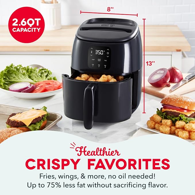 Dash Tasti-Crisp Digital Air Fryer, 2.6 Quart, Black | Small Compact Basket Style Air Fryer for One or Two People, Auto Shut Off, Adjustable Temperature, Dishwasher Safe Parts