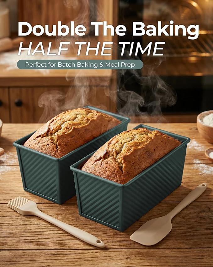 CARTMAN 2-Pack 1 LB Pullman Loaf Pan with Lid, Carbon Steel Set, Green | Includes spatula & brush, 1 lb dough capacity, nonstick carbon steel, bottom vents, ideal for square bread & toast slices