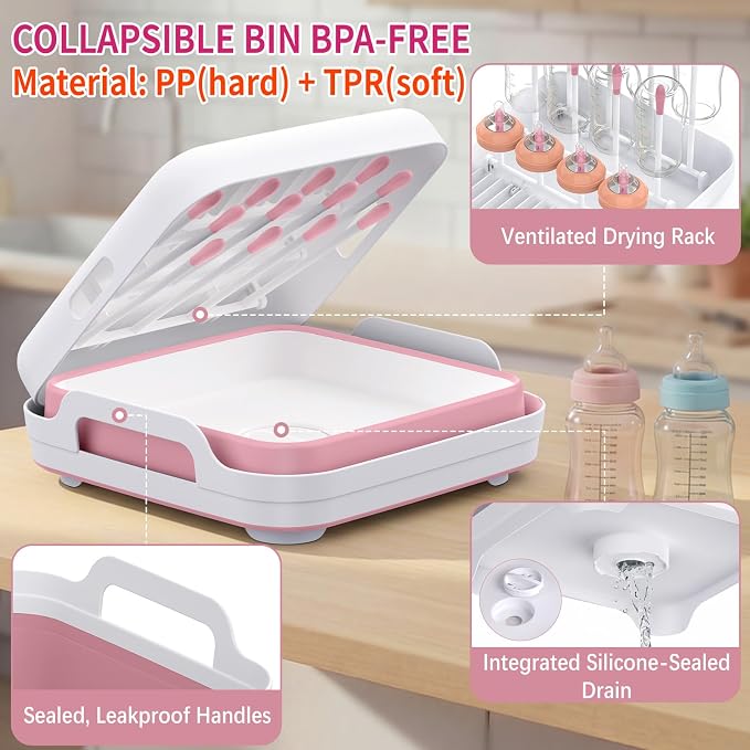 Yecuip Collapsible Baby Bottle Wash Basin w/Drying Rack & Drain Plug, Pink | 2.4 Gallon Foldable Dish Tub w/Handles,Portable RV Camping Sink & Space-Saving Wash Bin with Lid for Kitchen,Travel & Outdoor