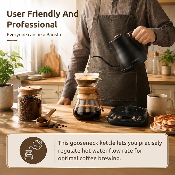 1L Electric Gooseneck Water Kettle with 6 Temperature Control Presets | Stainless Steel Inner & Lid, 2H Keep-warm,1200W Quick Boiling for Pour Over Coffee & Tea Pot, Auto Shut-off, Matte Black