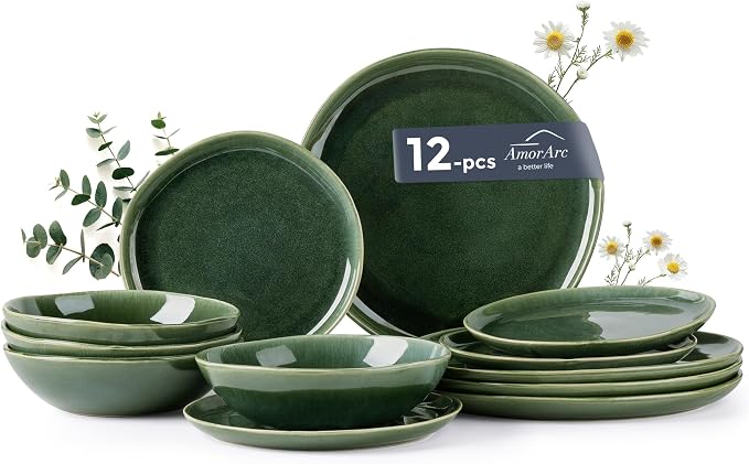 AmorArc Ceramic Dinnerware Sets for 4, 12Pcs Plates and Bowls Sets Dishes | Stoneware Handmade Reactive Glaze Dinner Set, Highly Scratch Resistant | Dishwasher & Microwave Safe Dishware