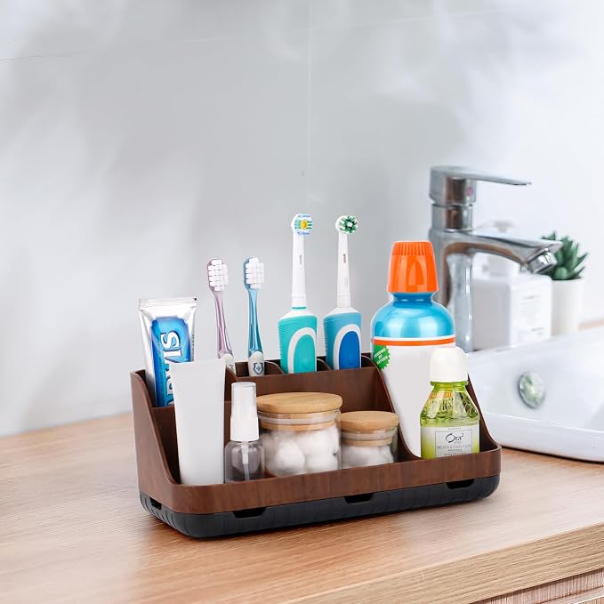 GFWARE Wood Toothbrush Holders for Bathroom Organizer with Drain Holes | Detachable 7 Slots Kid Electric Toothbrush and Toothpaste Holder, Bathroom Sink, Caddy, Tray, Vanity Storage Wood-Look, Brown