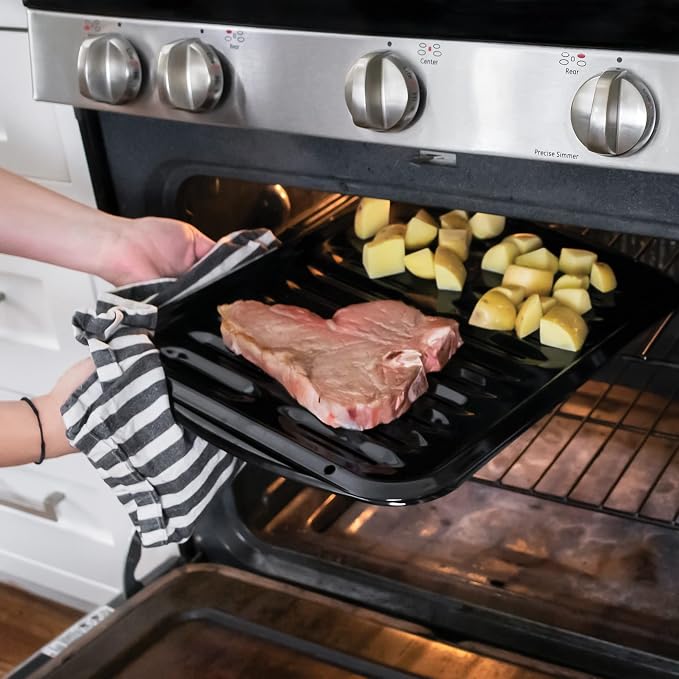 Large 2-Piece Broiler Pan & Grill Set Porcelain-on-Steel 16-1/2"x12-3/4"x1-3/4", Universal, Whirlpool, Broiler Pan for Oven, Black