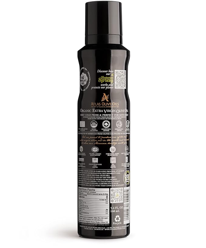 Atlas Organic Extra Virgin Olive Oil Cooking Spray, 5.4 fl oz | Gourmet EVOO, Olive Oil Extra Virgin Dual Spray & Stream For Cooking, Baking & Nonstick Prep, Polyphenol-Rich, Keto-Friendly