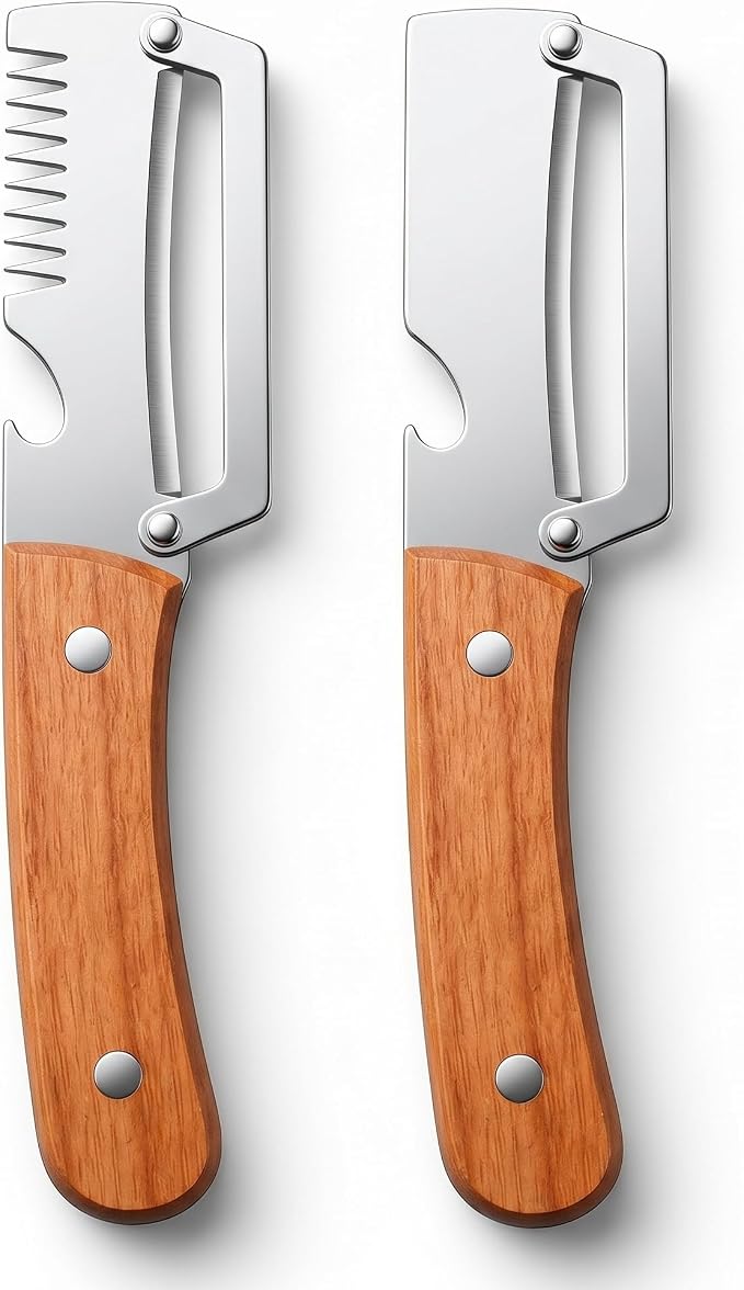 WesGen 2Pcs Multifunctional Vegetable Peeler with Wooden Handle, Odorless Stainless Steel Peeler, 2-in-1 and 3-in-1 Kitchen Tool with Scallion Shredder and Bottle Opener for Home Cooking