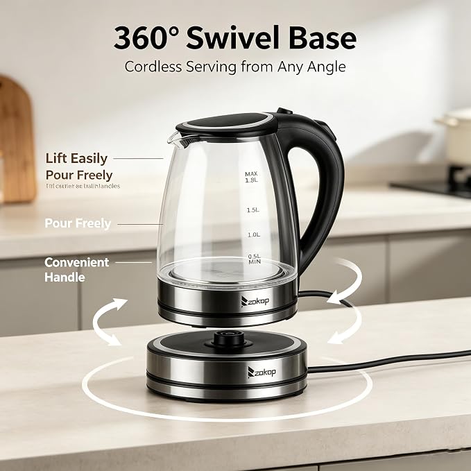 Electric Kettle 1.8l, BPA-Free Borosilicate Glass Stainless Steel Blue LED, 360° Base, Auto Shut-Off and Boil-Dry, Glass Carafe No Plastic Contact With Water, Wide Mouth for Easy Cleaning