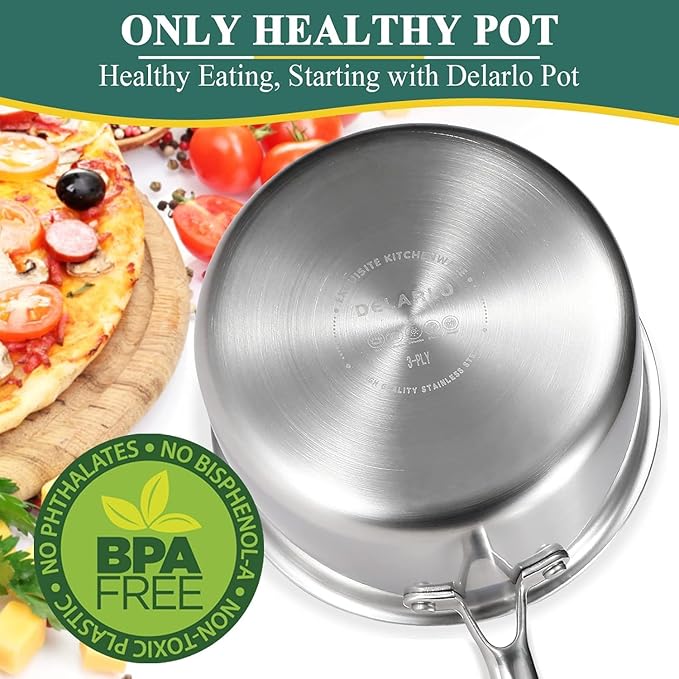 DELARLO Tri-Ply Stainless Steel Saucepan 1QT 2QT Kitchen Pot Set | Full-body Clad Cooking Set, Induction Cooking Sauce Pot Pan, Fast Even Heat, Heavy Duty Saucier Cookware