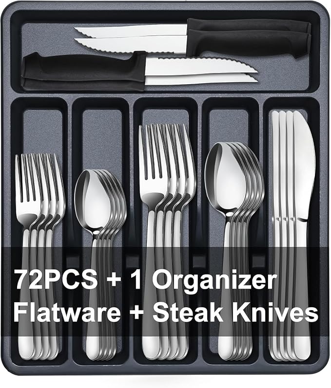 Pleafind 73-Piece Silverware Set with Organizer - Heavy Duty Stainless Steel Flatware Set Service for 12, Cutlery Utensil Sets with Steak Knives, Tableware Set for Home Restaurant, Dishwasher Safe
