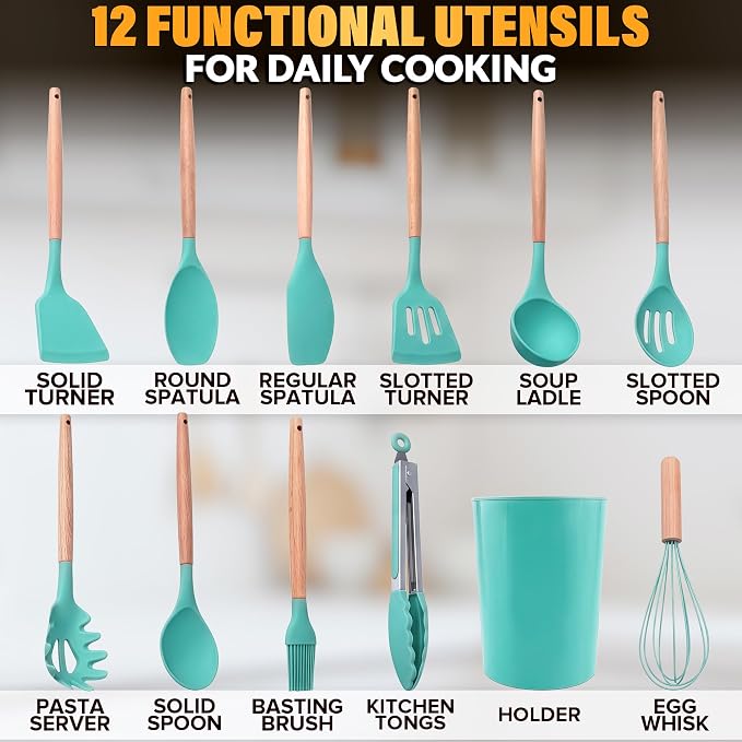 Teal Kitchen Utensils Set with Holder, 12 Pcs, Wooden Handle | BBQ Cooking Utensils that Bake, Serve, Mix & Flip; Silicone Heads Stay Non-Scratch on Nonstick Pots & Pans; Housewarming Gift