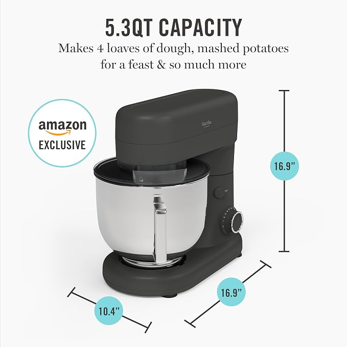 Martha Stewart 5.3QT Tilt Head Stand Mixer, 12 Speeds, Stainless Steel Bowl | Dough Hook, Stainless Whisk, Beater, Removable Splash Shield, Bread, Cake & Whipping, Electric Kitchen Mixer, Caviar Gray