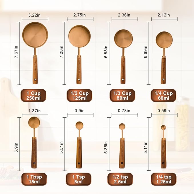 Premium Measuring Cups and Spoons Set with Wood Handle 8PCS | Stainless Steel Liquid and Dry Measuring Cup Set for Baking, Cooking, Coffee with Ergonomic Grip & Engraved Markings (Bronze)