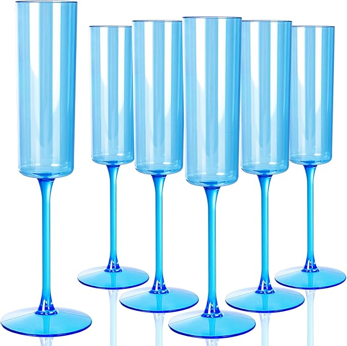 YOUBET 24Pack Blue Champagne Flutes Plastic for Party Birthday Wedding | 6 oz Blue Disposable Plastic Wine Toasting Glasses with Stem for Anniversary Celebrations