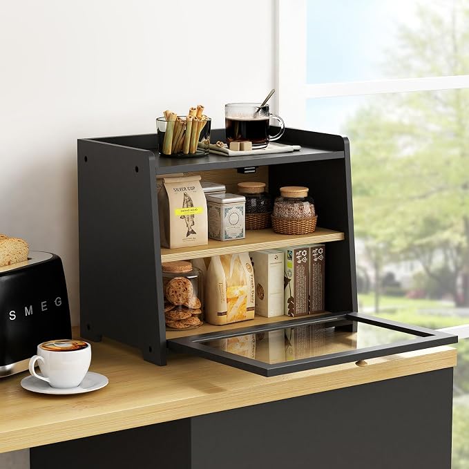 Goozii 2 Tier Bread Box for Kitchen Countertop Black, Double Layer Breadbox for Counter Top, Large Wood Vintage Bread Storage Container for Homemade Bread, Corner, Under Cabinet, Pantry