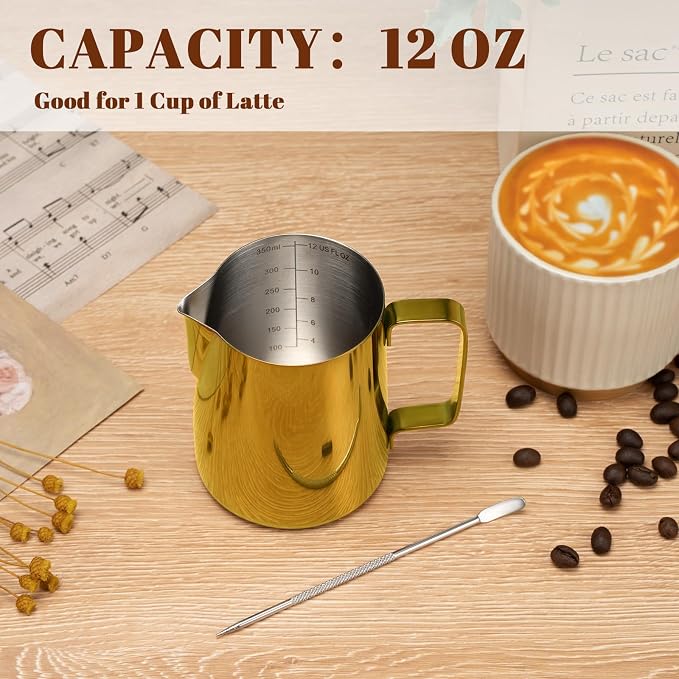Amrules Milk Frothing Pitcher, 12 oz Milk Frother Cup with Clear Scale, 304 Stainless Steel Cappuccino Espresso Machine Accessories for Barista Coffee Bar with Latte Art Pen, Gold