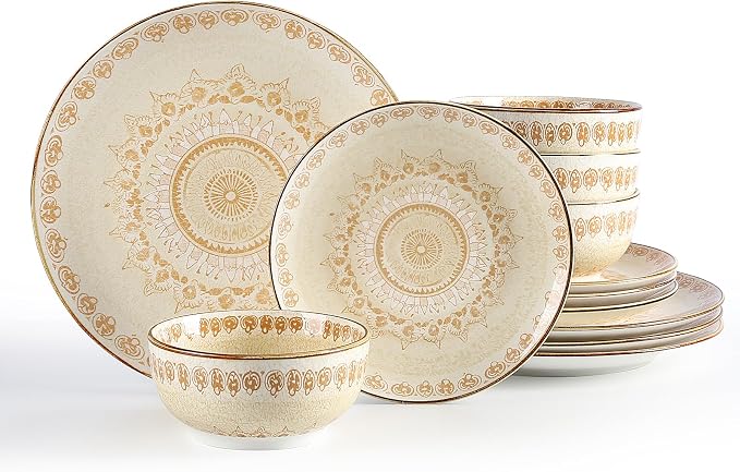Sweejar Dinnerware Sets Service for 4, 12 pcs Porcelain Plates and Bowls for Kitchen, Housewaring Gift, Chip and Scratch Resistant Dish Set, Handmade Dishwasher and Microwave Safe Plate Set, Bohemian