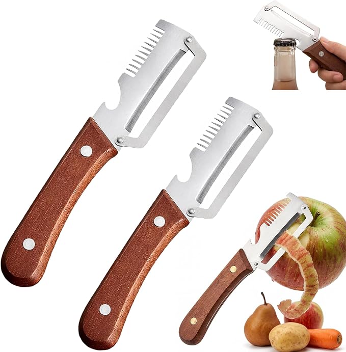 Multifunction Vegetable Peeler with Bottle Opener, 2PCs 3 in 1 Peeler | Durable Stainless Steel Blade, Ergonomic Wooden Handle, Easy to Peeling, Shredding, Open Bottles, easy to clean and store