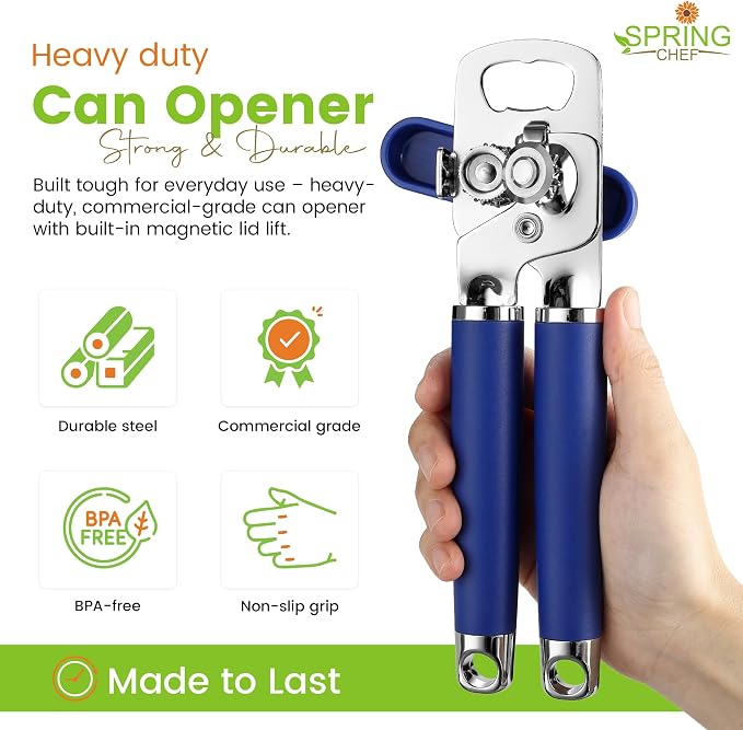 Spring Chef Stainless Steel Manual Can Opener w/Soft Grip Handle, Sapphire | Heavy Duty Hand Can Opener for Seniors with Smooth Edge, Easy Turn, 3in1 Can Opener with Magnetic Lid Remover & Bottle Opener